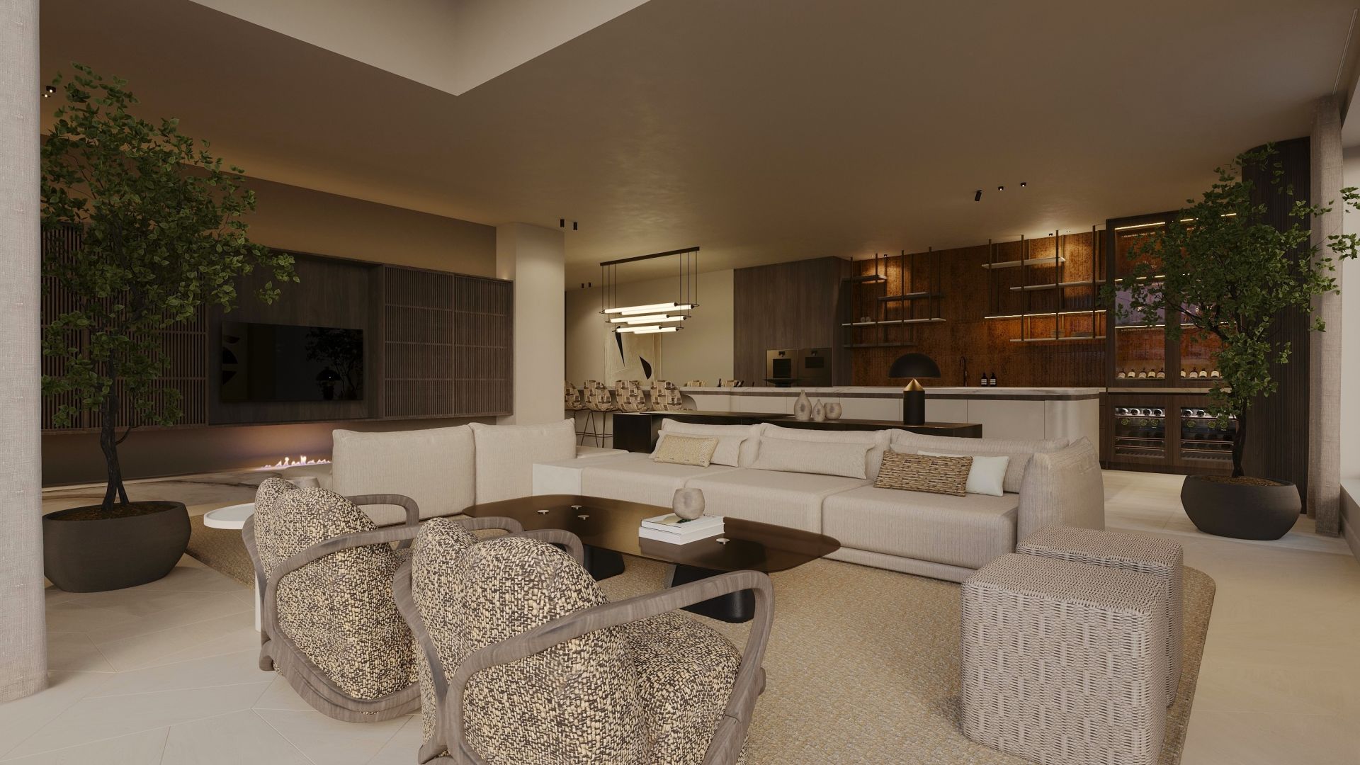 Een royale living waarin comfort en elegantie centraal staan. De ruime zithoek vormt het hart van de ruimte en gaat naadloos over in de open keuken.